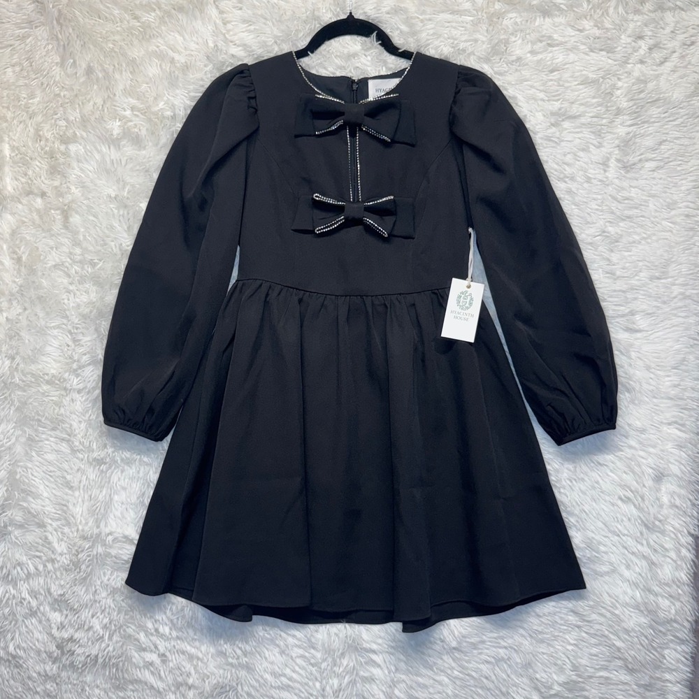 NWT Hyacinth House Tuckernuck Blair Black Bow Rhinestone Mini Dress XS - Picture 2 of 7